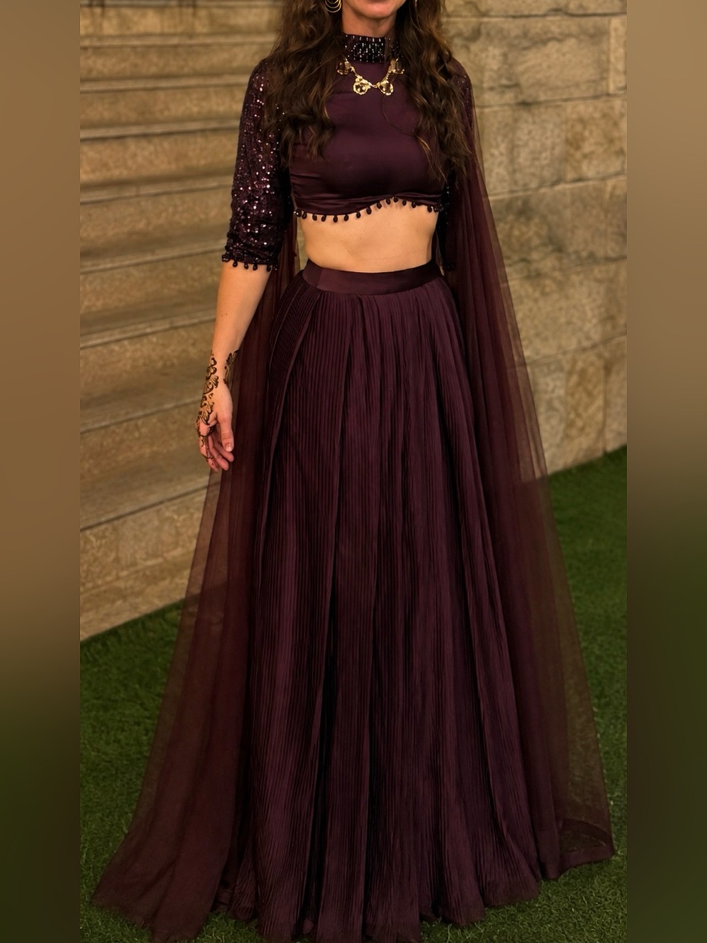 Plum Indian Anarkali Evening Gown Sequined Long Sleeve Tulle Overlay